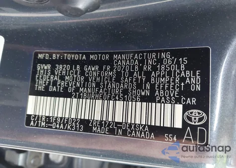 2015 Toyota Corolla S Plus из США, поврежденный, VIN 2T1BURHE0FC451056